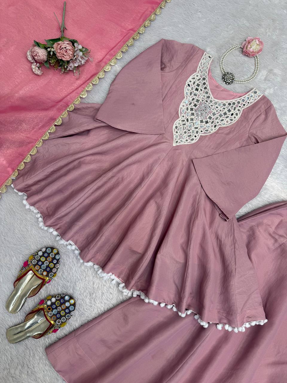 Elegant Cosmos Silk Plazzo Set with Real Mirror Work