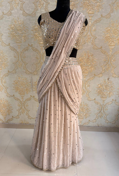 Premium Faux Georgette Ready-to-Wear Saree with Real Mirror & Sequins Work