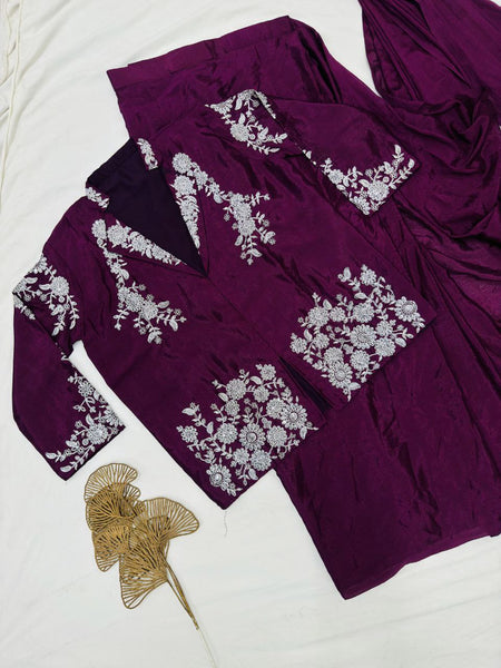 Designer Chinnon Silk Ready-to-Wear Drape Saree with Multi-Thread Embroidered Jacket Blouse