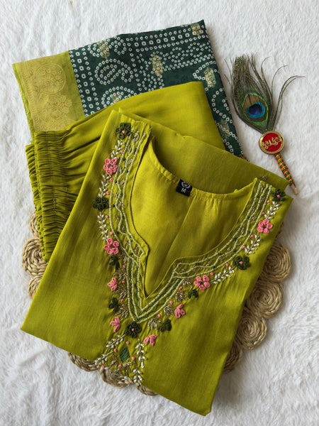 Green Color Hand Work Roman Silk Ready Made Salwar Suit
