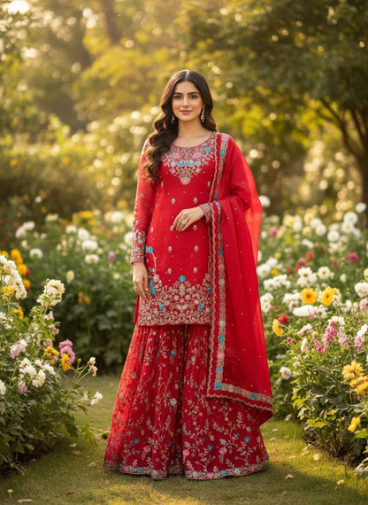 Premium JMC Silk Sharara Set with Sequence & Rivet Moti Work