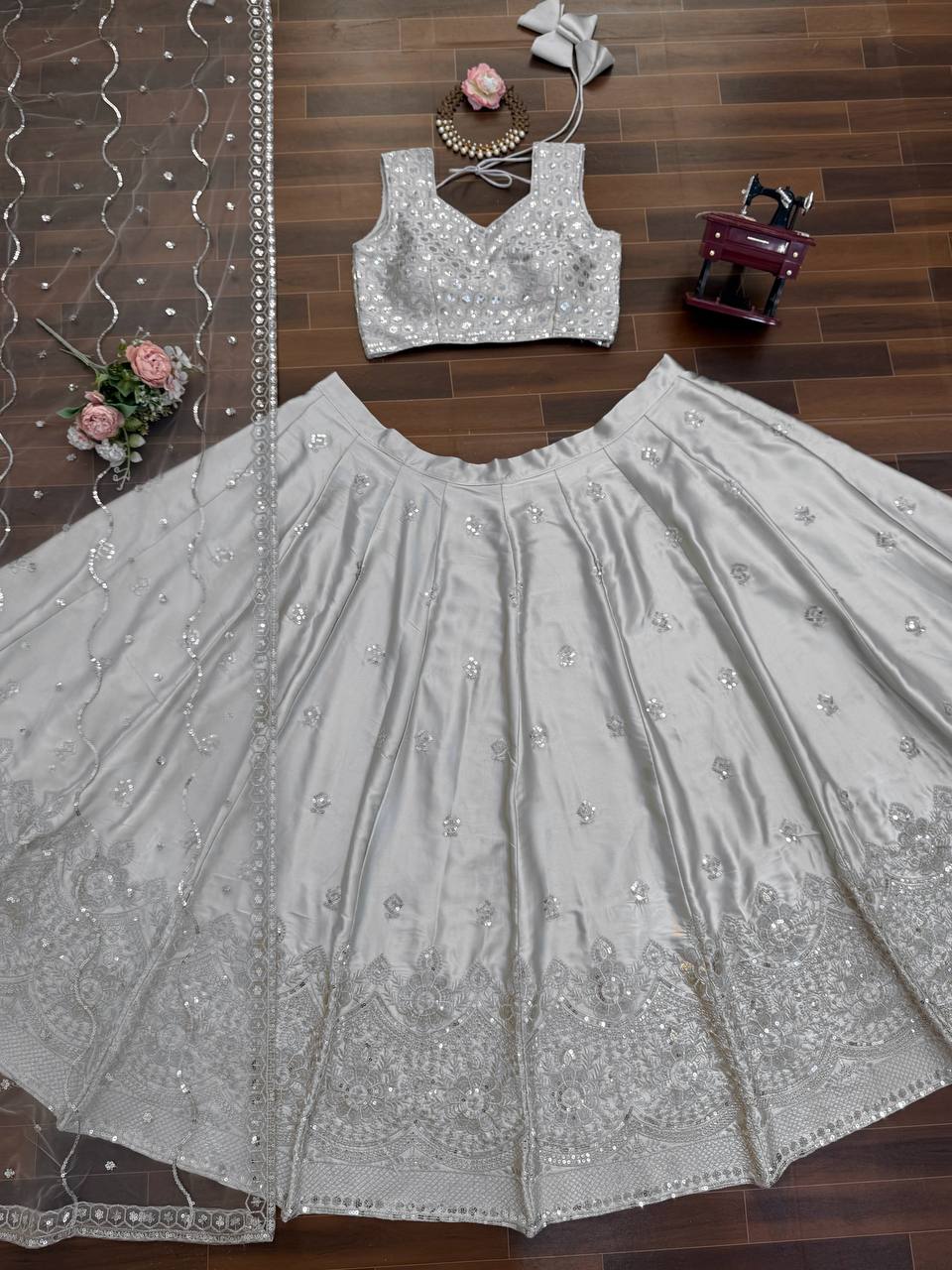 Elegant Silver Japan Satin Embroidered Lehenga Choli Set