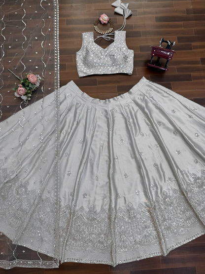 Elegant Silver Japan Satin Embroidered Lehenga Choli Set