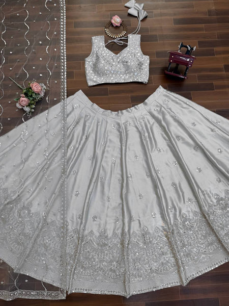Elegant Silver Japan Satin Embroidered Lehenga Choli Set