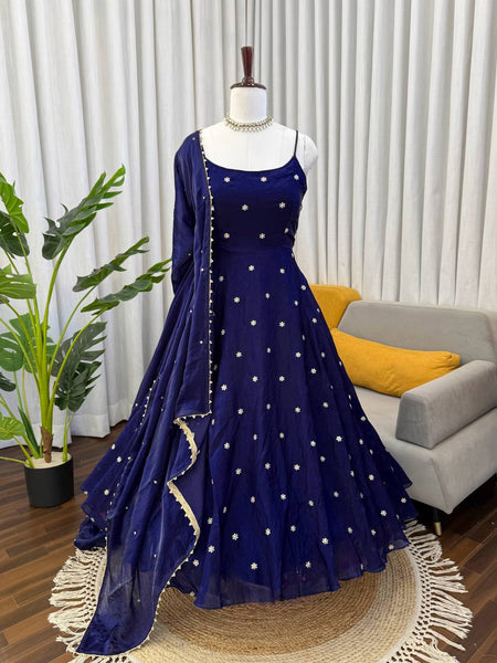 Elegant Navy Blue Fendy Silk Embroidered Anarkali Suit Set with Moti-Lace Dupatta