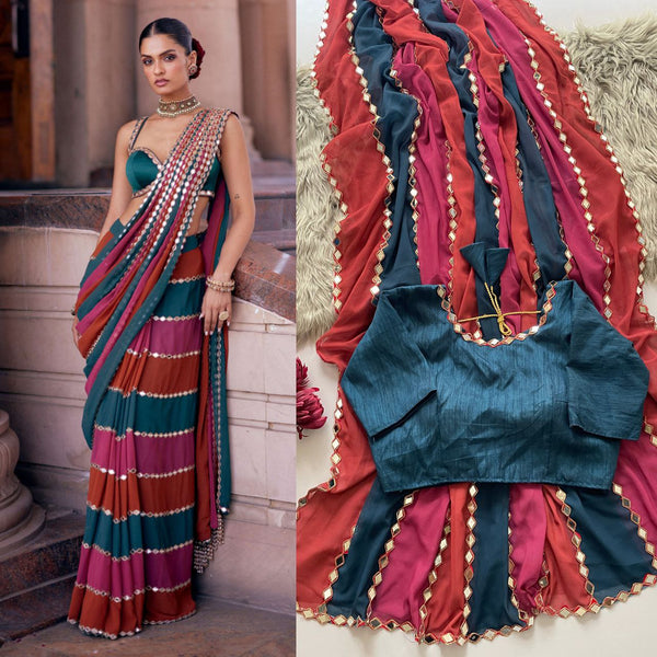 Bollywood Blockbuster: Premium Faux Georgette Saree with Real Mirror Work & Coding Lace