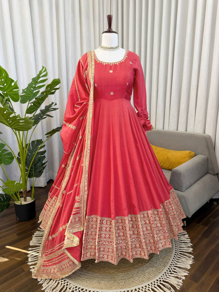 Premium Pink Chinon Silk Anarkali Suit Set