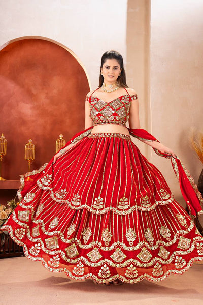 Red Faux Georgette Bridal Lehenga Choli with Sequins & Zari Work