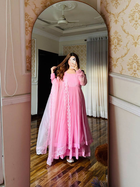 Exquisite Faux Georgette Top &amp; Palazzo Set with Organza Silk Dupatta