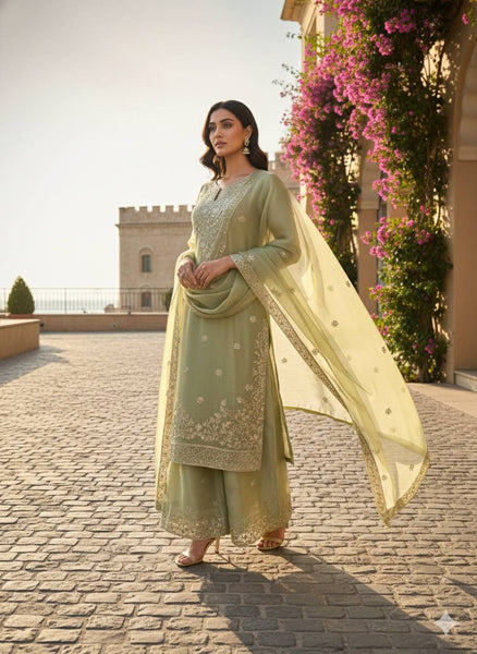 Elegant JMC Silk Three-Piece Set with Intricate Thread Work