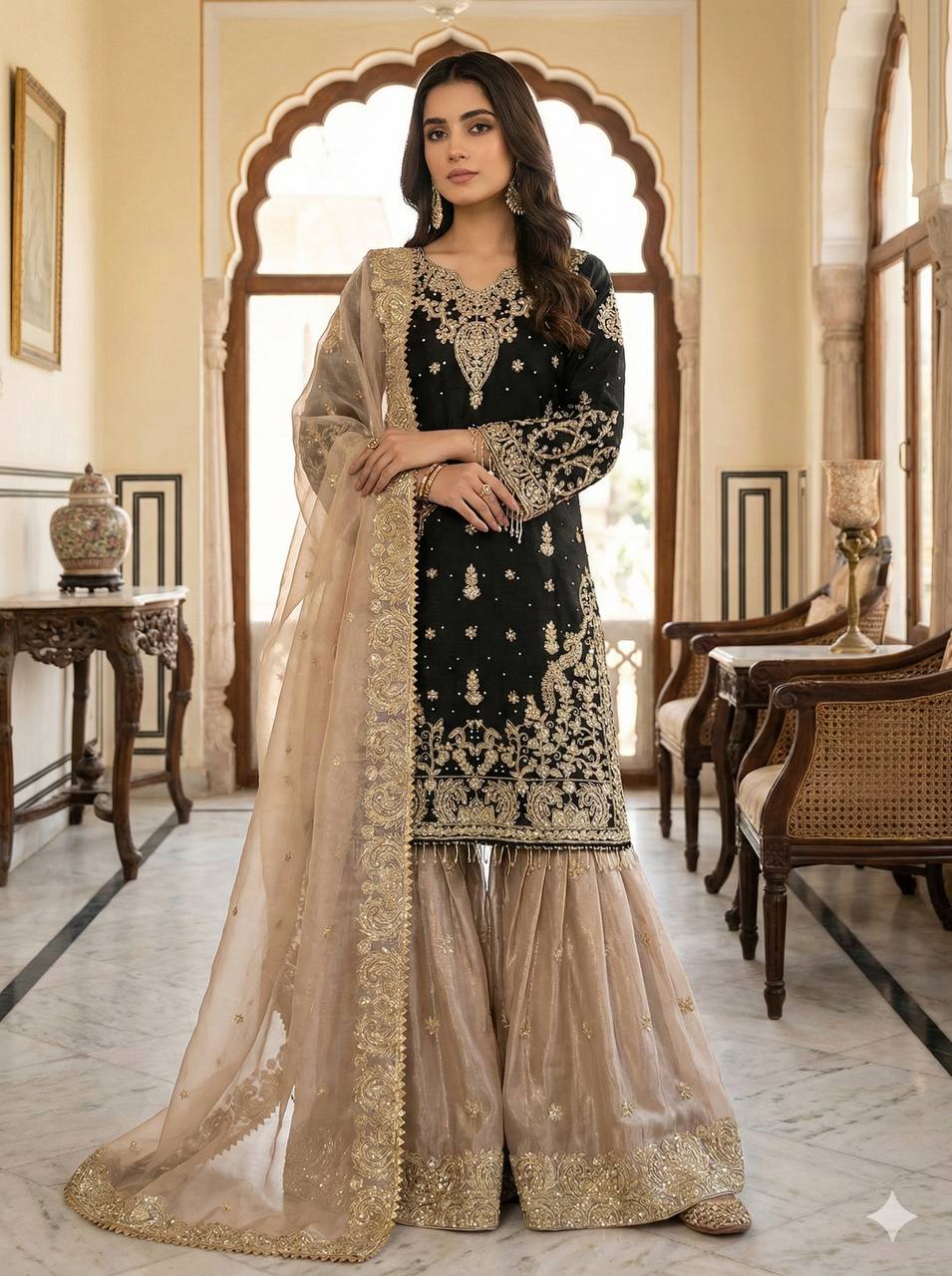 Heavy GMY Silk Embroidered Sharara Suit Set