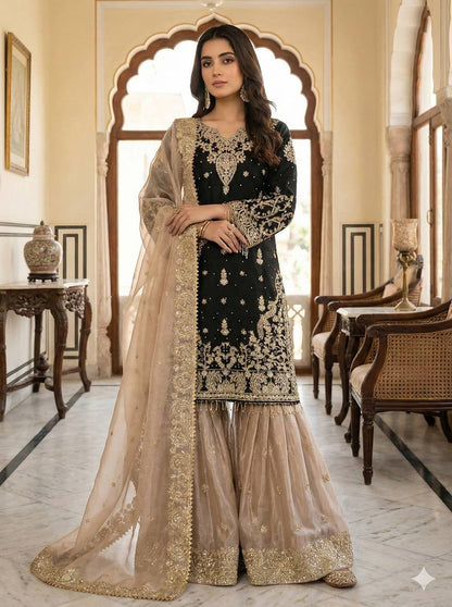 Heavy GMY Silk Embroidered Sharara Suit Set