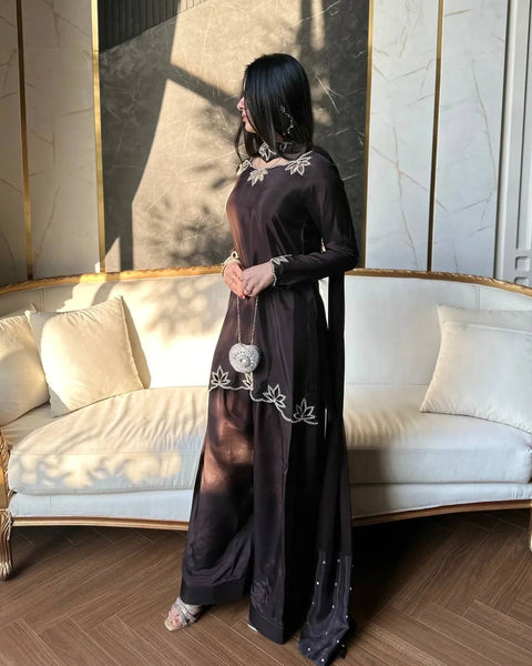 Heavy Natural Crepe Embroidered Farshi Salwar Suit