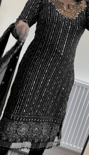 Elegant Faux Georgette Embroidered Suit Set with Real Mirror Work Latkan