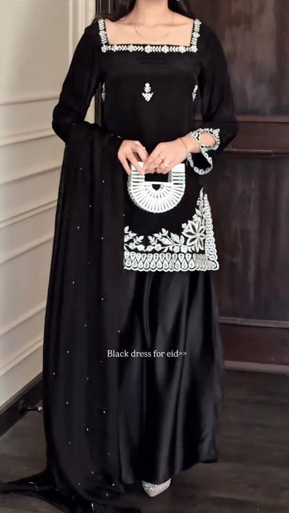Elegant Heavy Natural Crep Top Palazzo Set with Tibby Silk Moti Work Dupatta