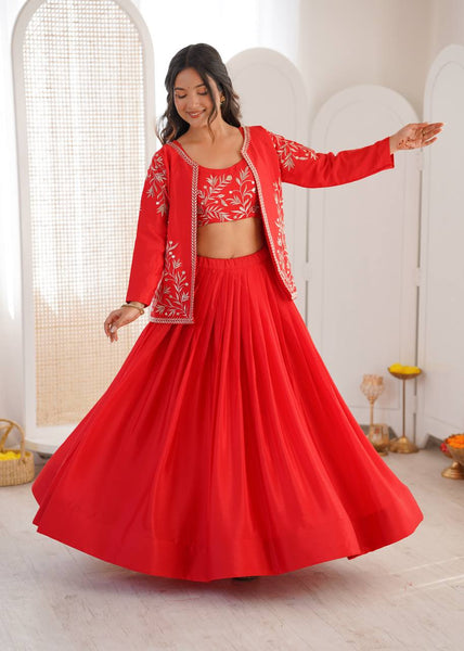 Heavy Chinon Silk Lehenga Choli with Embroidered Koti