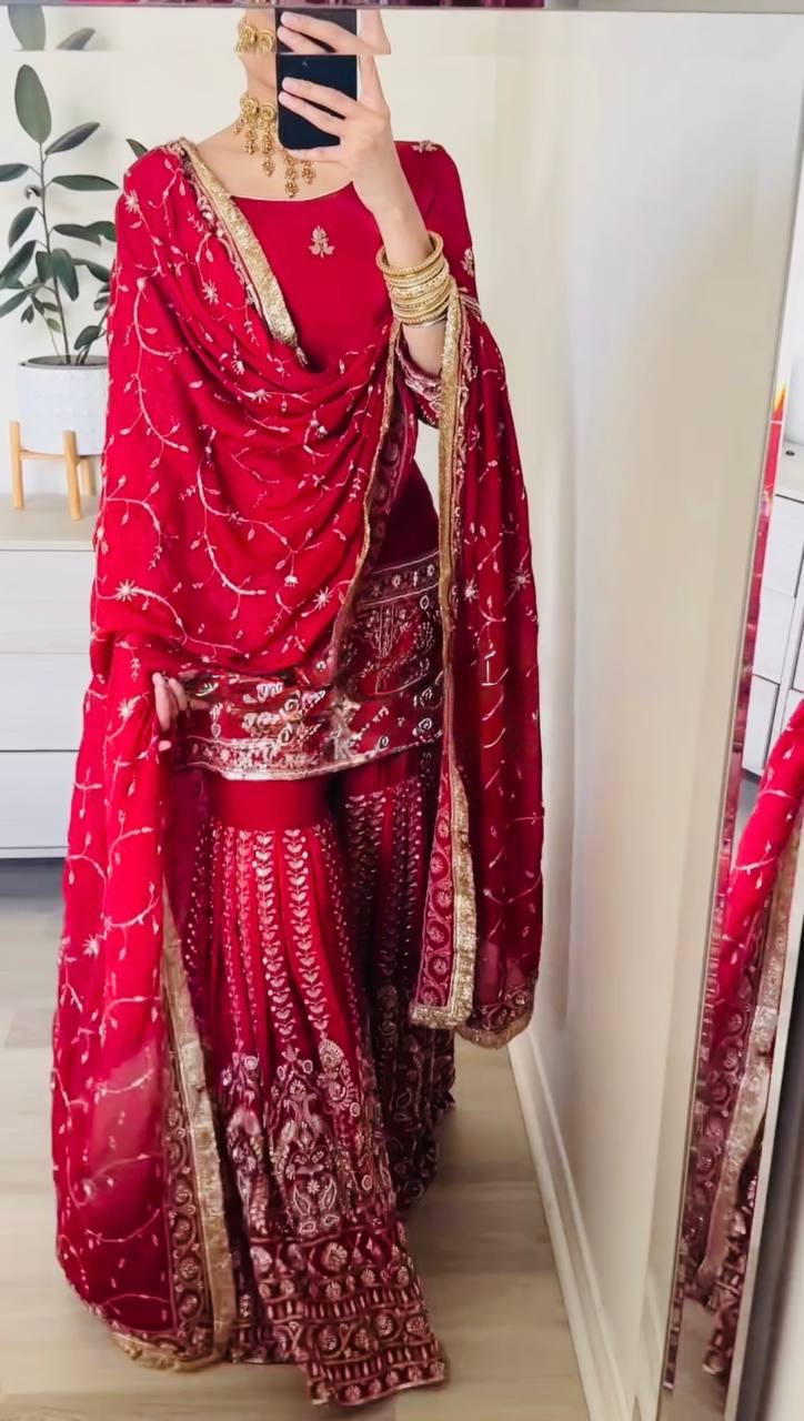 Embroidered Chinon Silk Sharara Set with Sequence Work