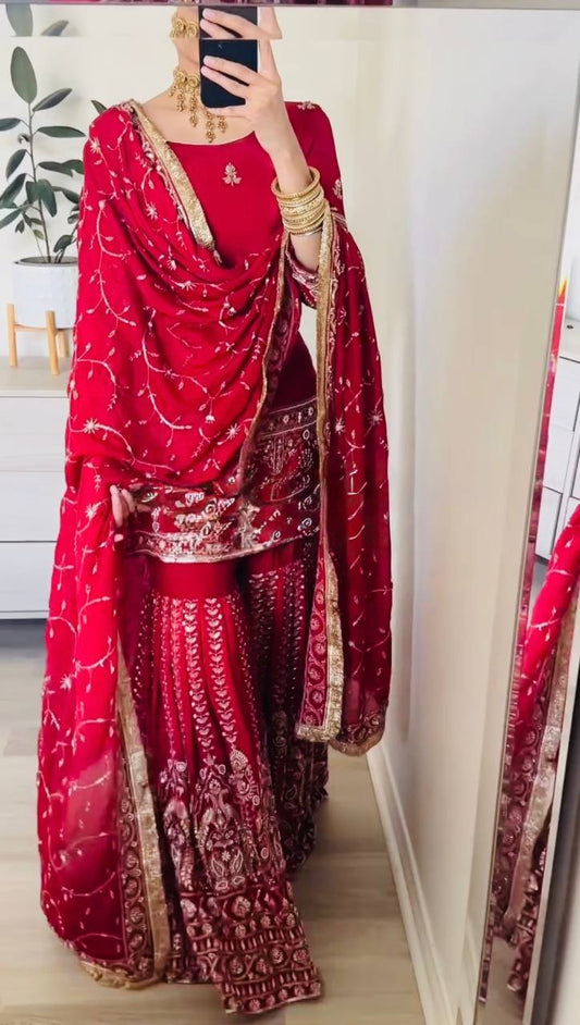 Embroidered Chinon Silk Sharara Set with Sequence Work