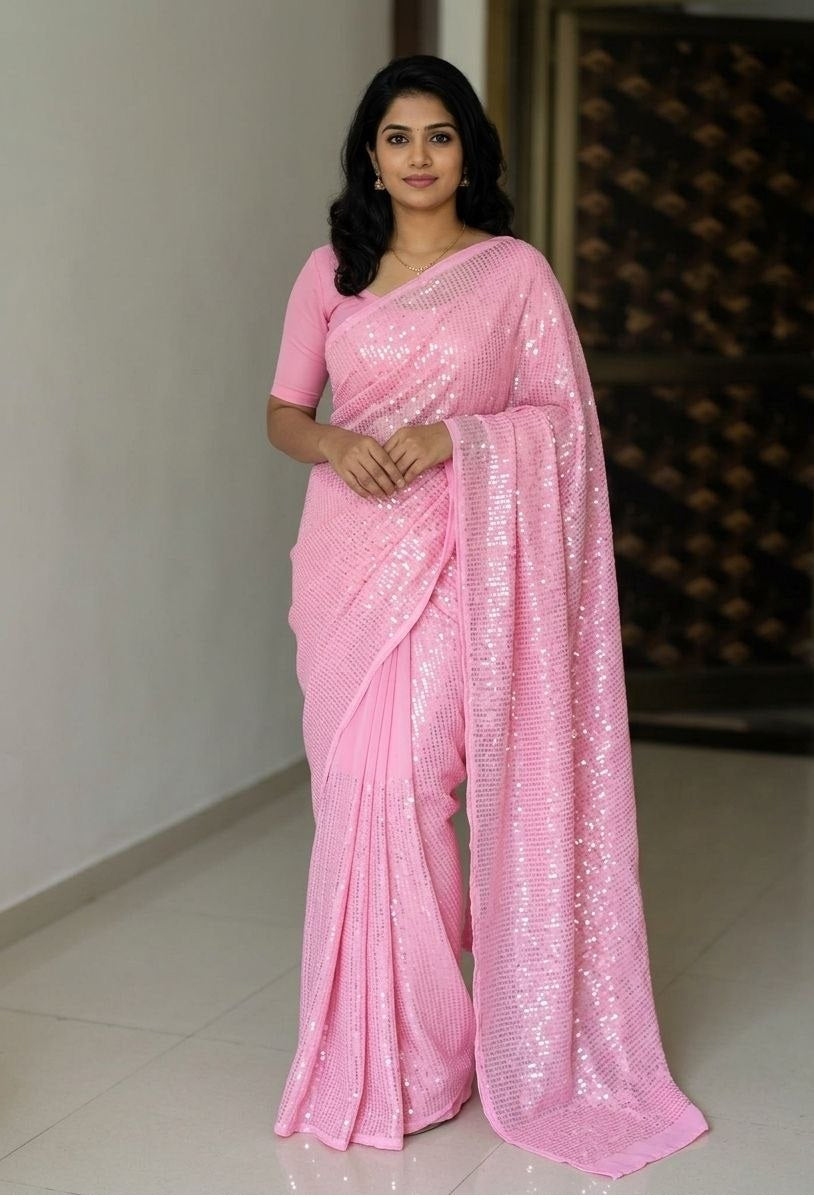 sequence pink georgette saree
