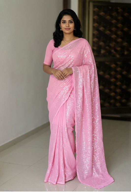 sequence pink georgette saree