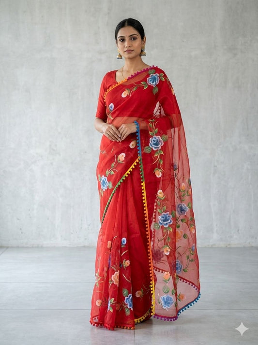 RED TISSUE PRINTED SAREE
