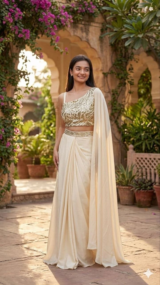 Elegant Crape Silk Dhoti Style Saree – Ready-to-Wear with Multi-Thread Embroidery & Sequin Work