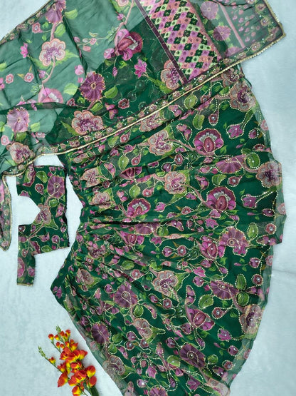 Premium Taby Silk Hand-Worked Lehenga Choli – Digital Floral Print