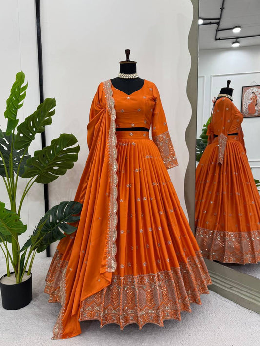 Designer Satin Silk Sequinned Lehenga Choli with Cutwork Dupatta