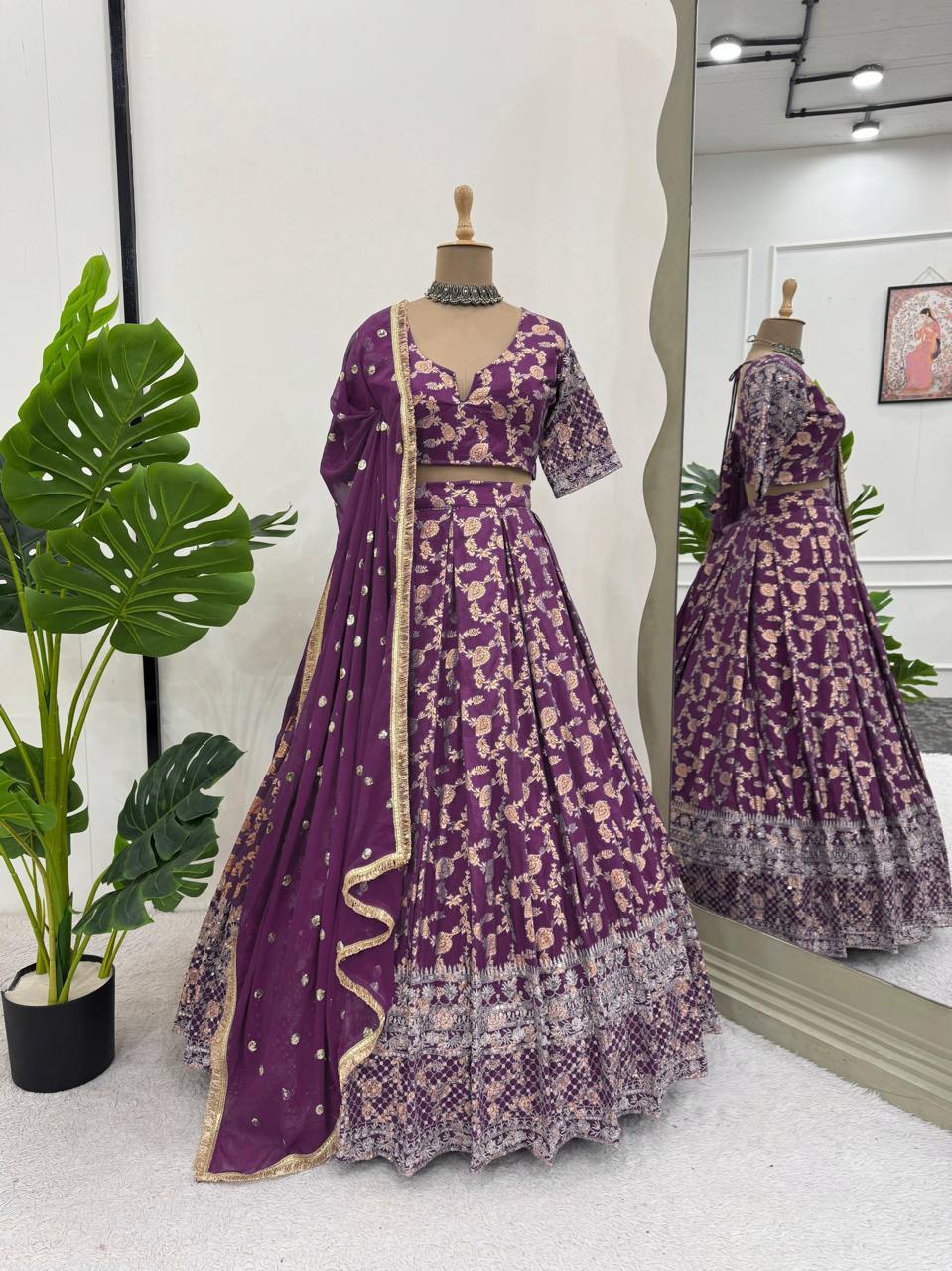 Premium Jacquard Semi-Stitched Lehenga Choli with Sequence Work Faux Georgette Dupatta