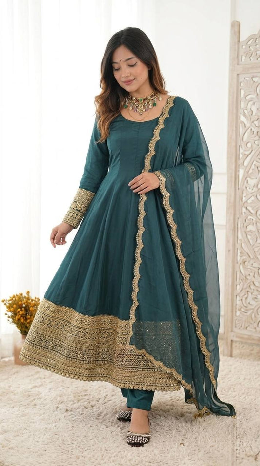 Heavy Natural Crape Embroidered Anarkali Suit Set