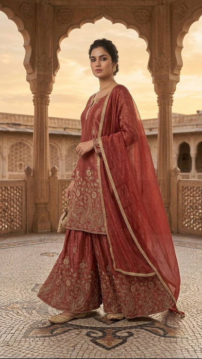 Heavy Crunchy Silk Sequence Embroidery Sharara Set