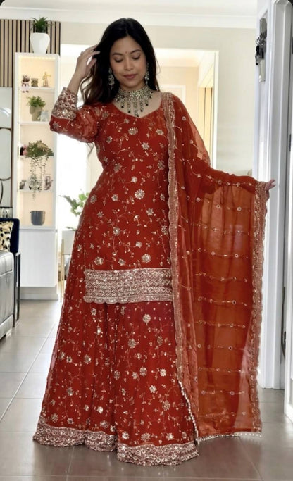 Premium Pure Frendy Silk Embroidered Top Palazzo Dupatta Set