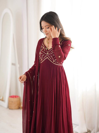 Elegant Faux Georgette Gown Set with Hand-Crafted Beading