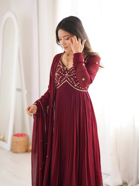 Elegant Faux Georgette Gown Set with Hand-Crafted Beading