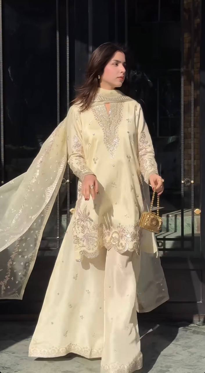 Premium Natural Crepe Silk Sharara Suit with Multi-Needle Sequence Embroidery