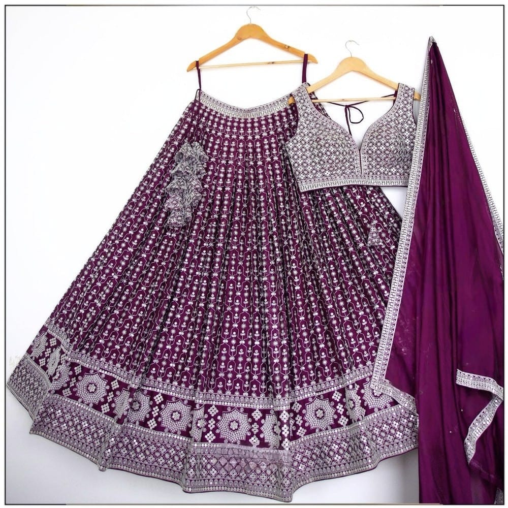 Premium Faux Georgette Lehenga Choli Set with Heavy Sequins Thread Embroidery