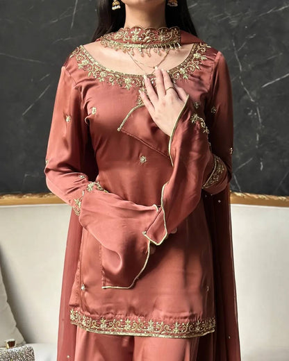 Heavy Natural Crepe Silk Embroidered Sharara Suit Set
