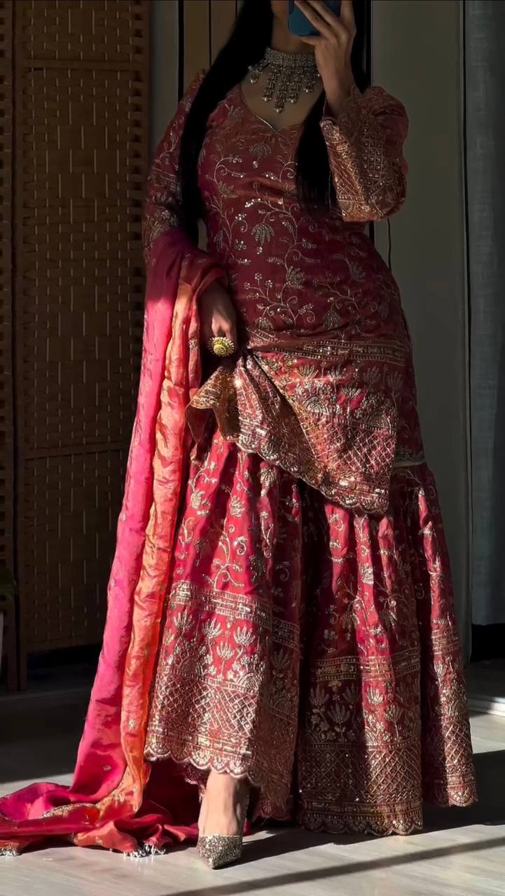 Elegant Heavy Fandy Crushi Silk Sharara Set