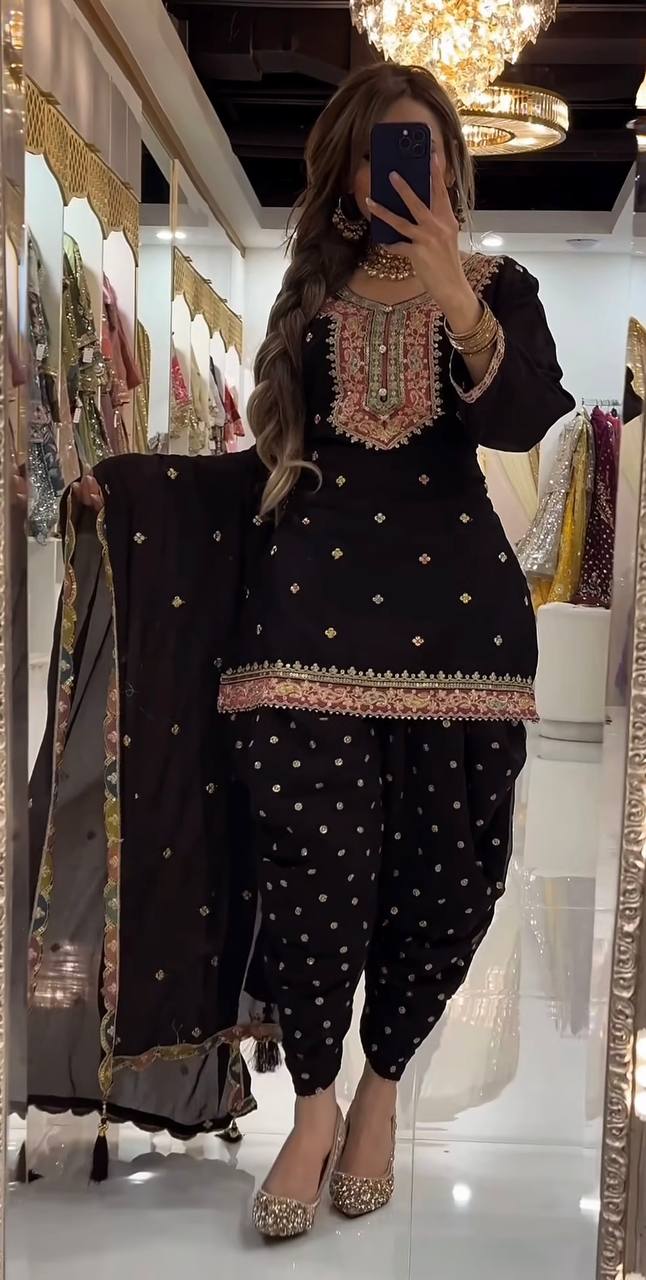 Heavy Faux Georgette Embroidered Dhoti Salwar Suit Set