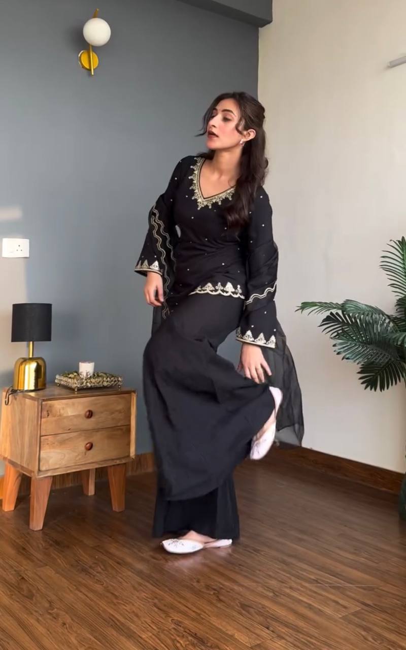 Premium Natural Crepe Silk Sharara Suit Set