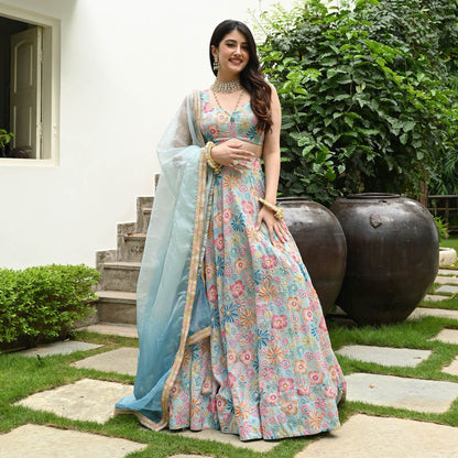 Premium Muslin Silk Multi-Color Digital Print Lehenga Set