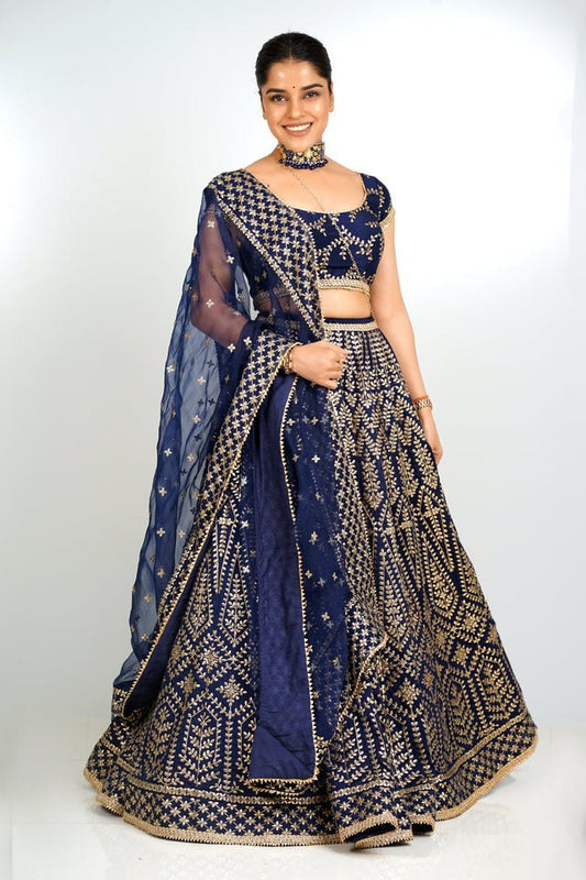 Royal Blue Malai Satin Silk Lehenga Set