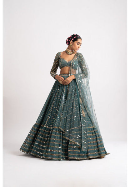 Bottle Green Embroidered Faux Georgette Lehenga Choli Set