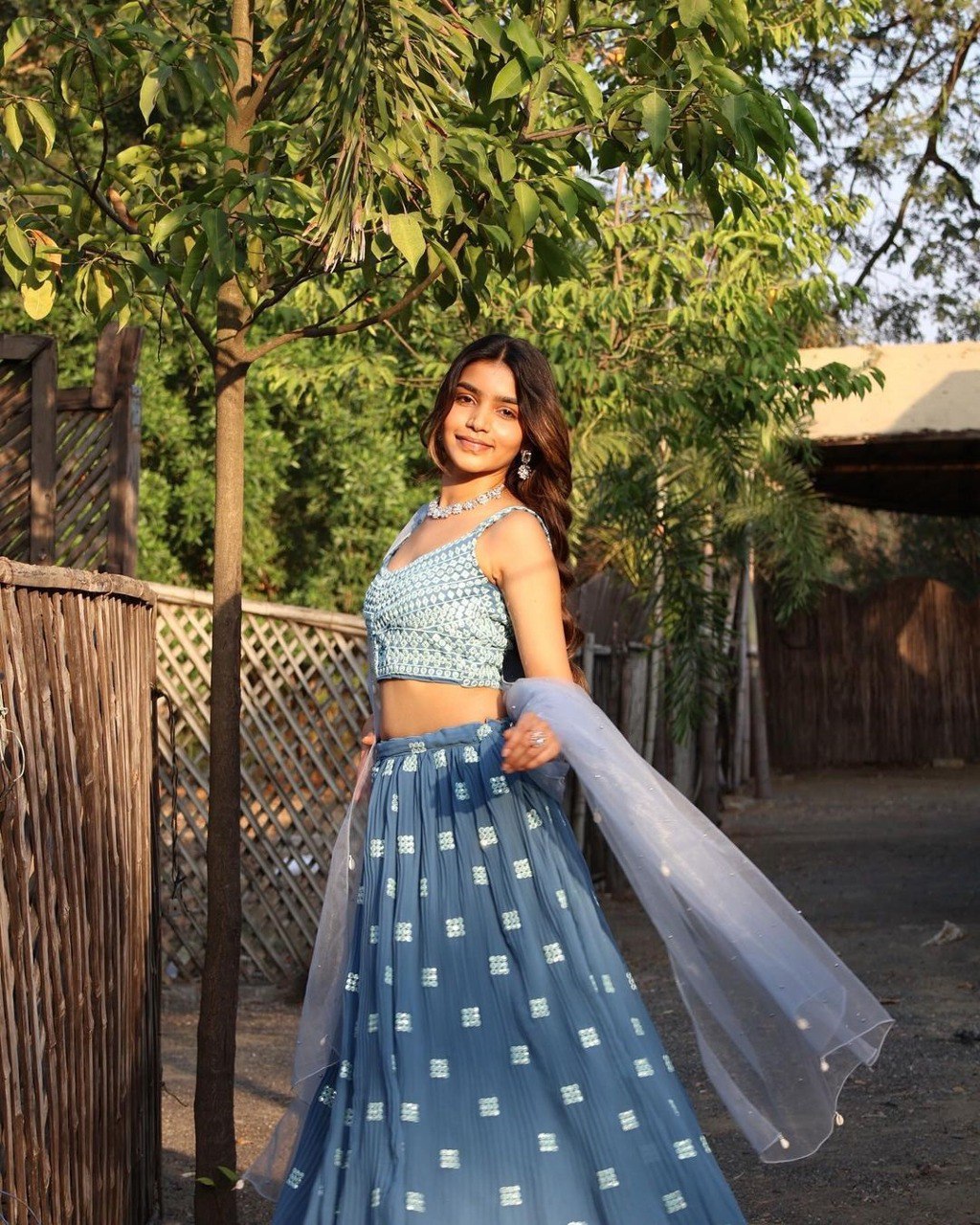 Elegant Dark Sky Blue Faux Georgette Lehenga Choli Set