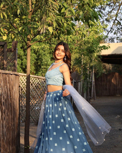 Elegant Dark Sky Blue Faux Georgette Lehenga Choli Set