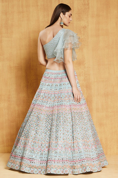 Light Green Organza Silk Lehenga Choli Set