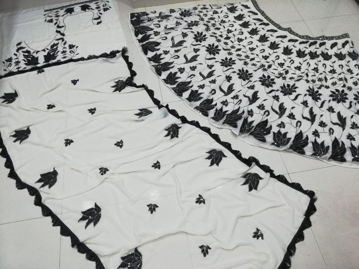Elegant Black Off-White Faux Georgette Lehenga Choli set