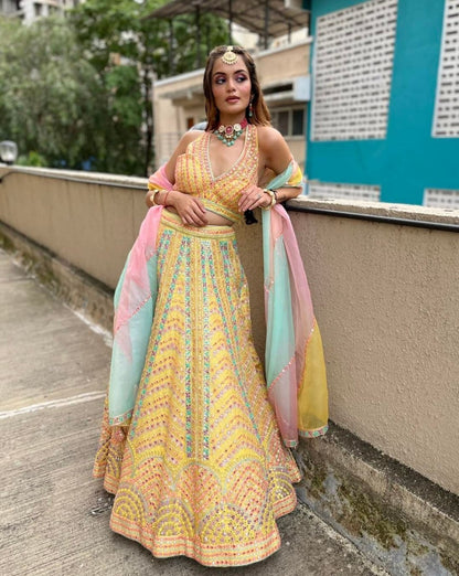 Radiant Yellow Multi-Work Dola Silk Lehenga Set
