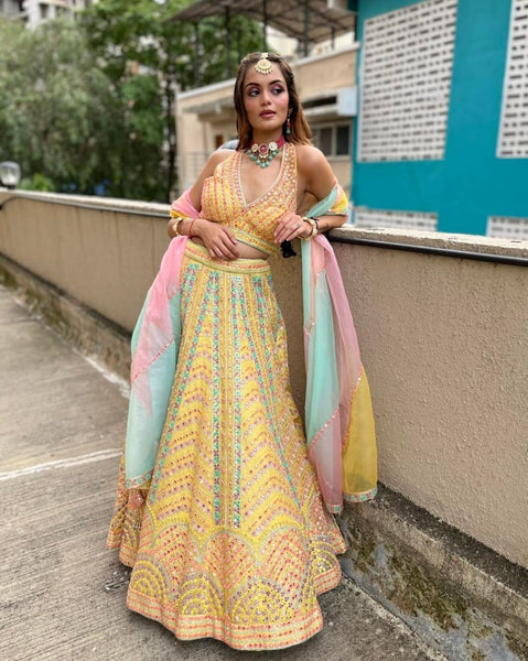 Radiant Yellow Multi-Work Dola Silk Lehenga Set