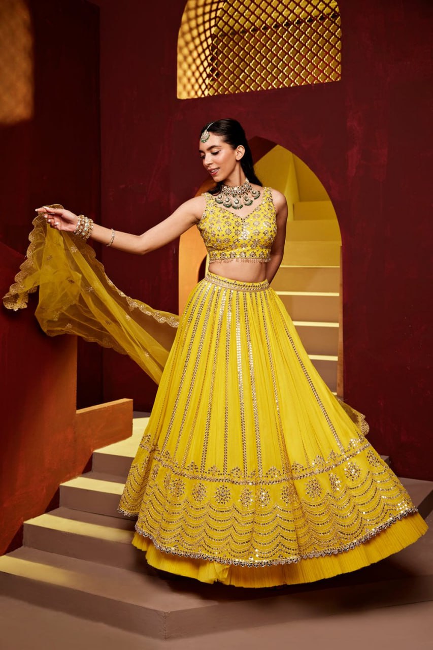 Premium Faux Georgette Lehenga Choli with 9mm Sequins Thread Embroidery